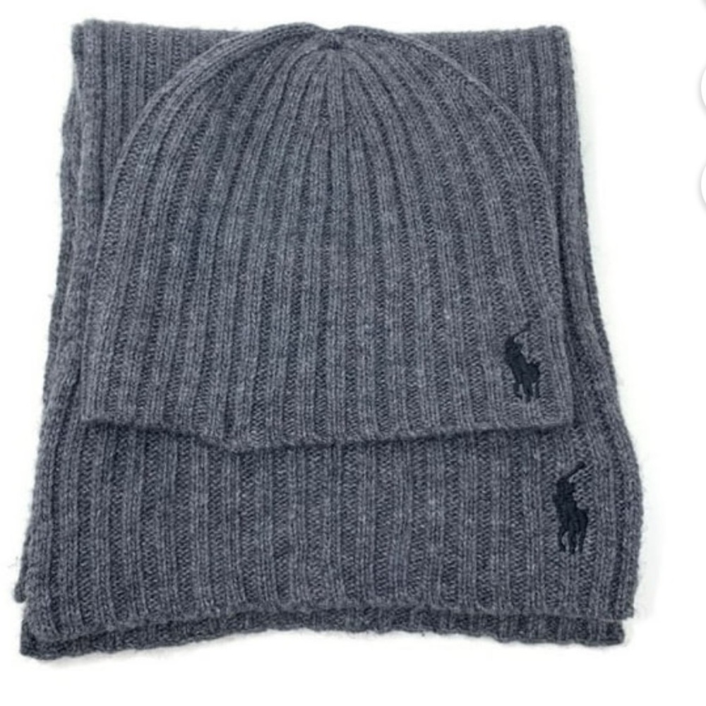 Polo Ralph Lauren Men's Lambswool Blend Hat, Scarf Set, Charcoal Grey, 2-Piece - Picture 3 of 6
